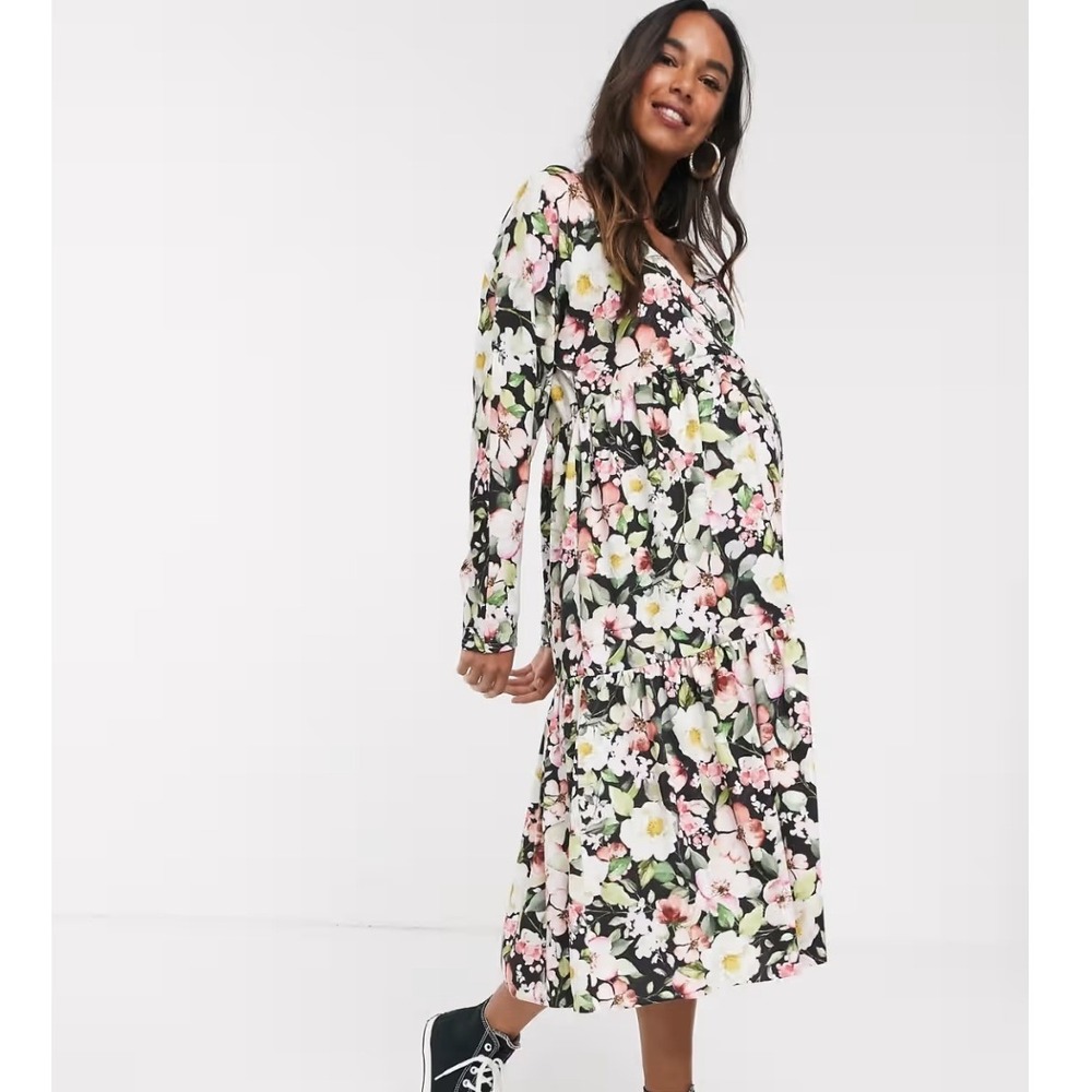 ASOS Maternity NWT‎ Floral Faux Wrap Midi Dress Long Sleeve Size 2